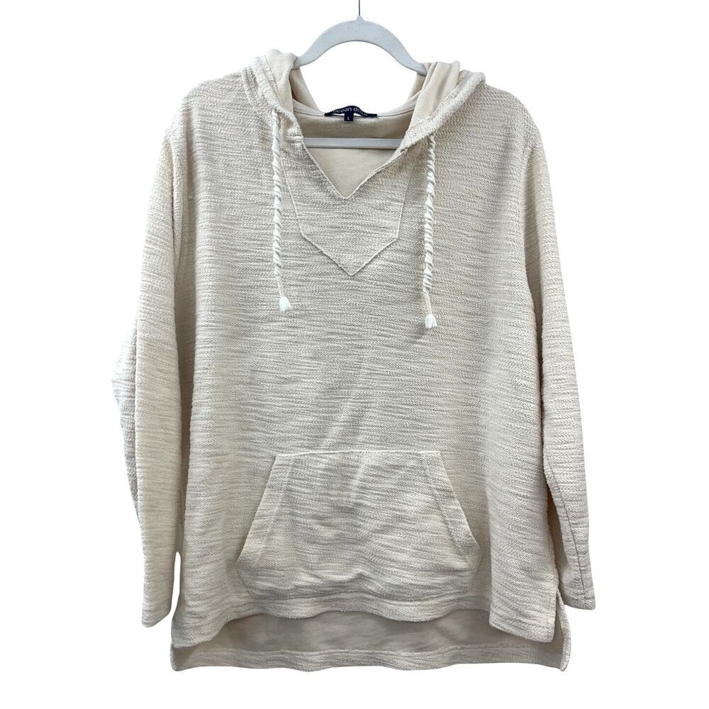 Ocean Drive Coastal Beach Hoodie Large Cream Textured Knit Pullover Textured